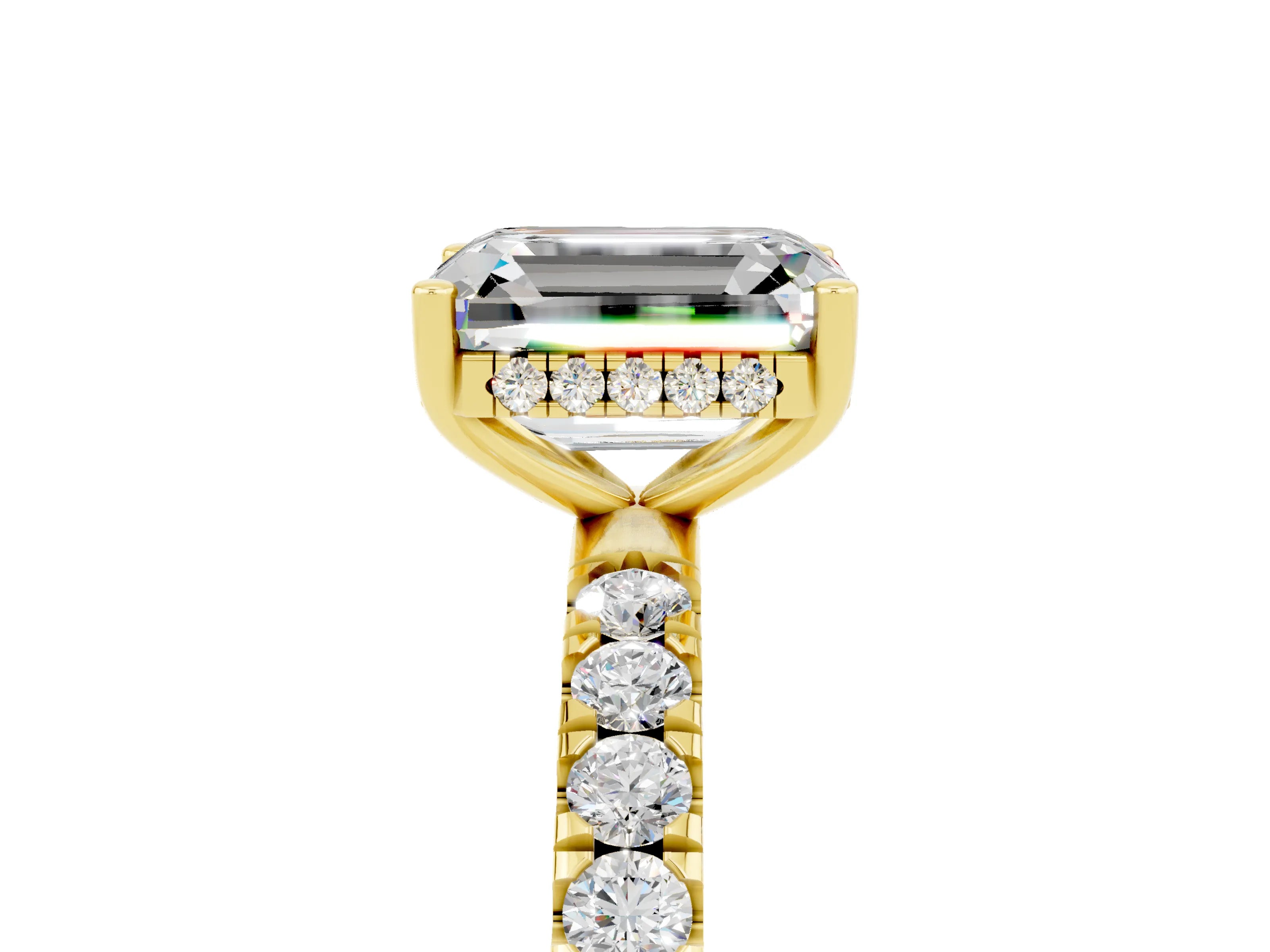 Yellow gold Emerald Cut Moissanite Pave Band Solitaire Ring with Four-Prong Setting_29