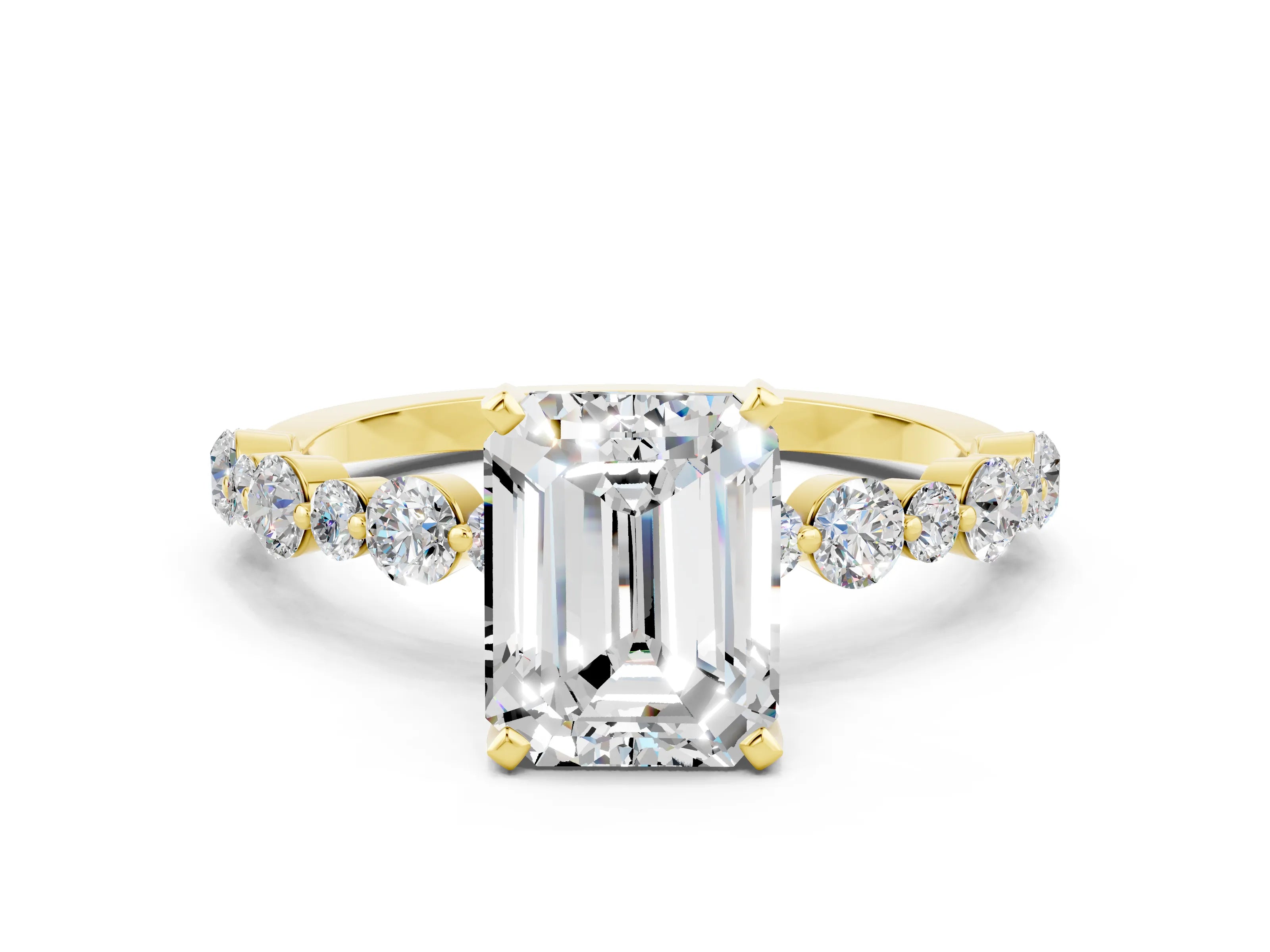Yellow gold Emerald Cut Moissanite Prong Set Engagement Ring with Pavé Band