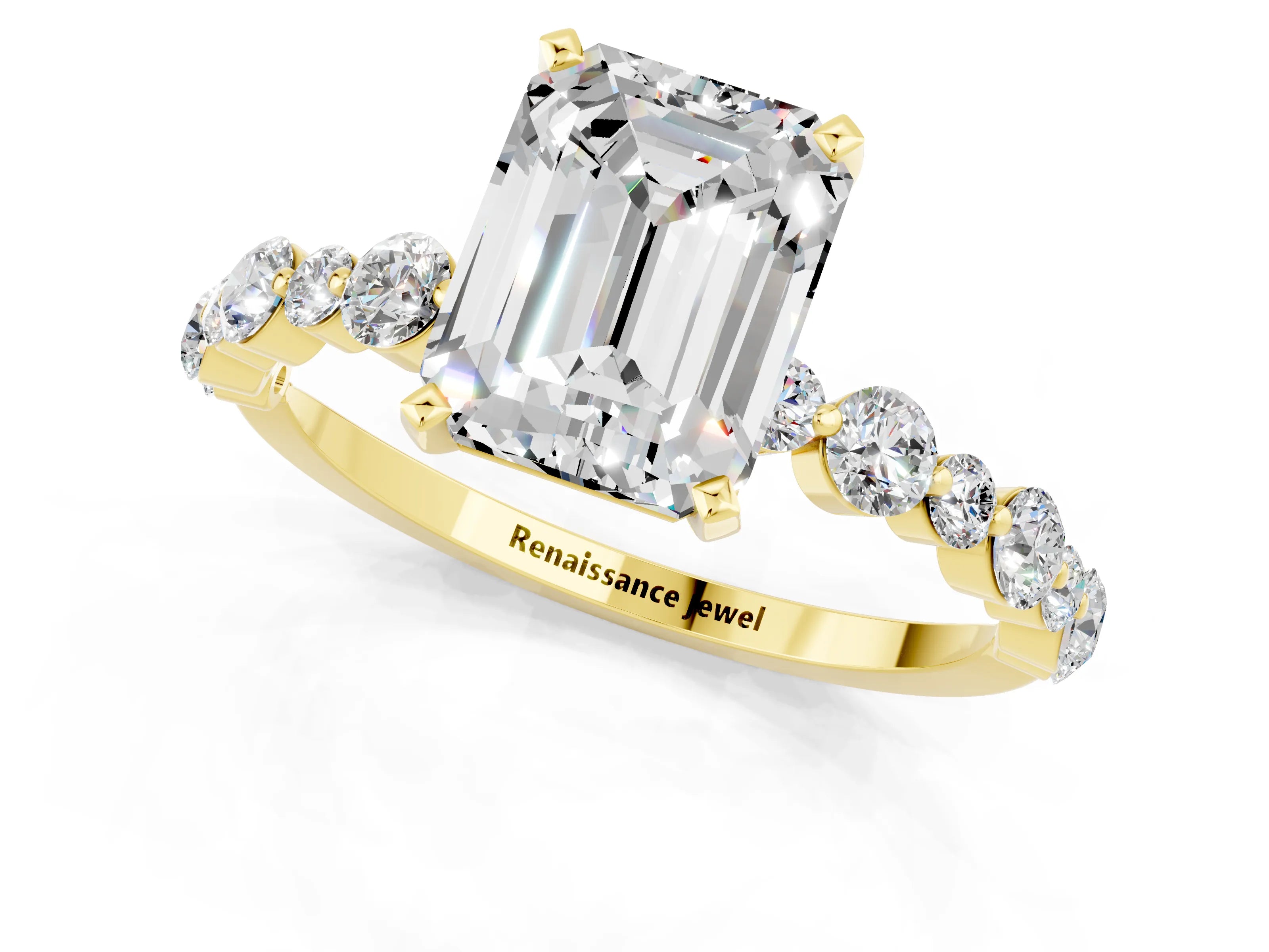 Yellow gold Emerald Cut Moissanite Prong Set Engagement Ring with Pavé Band_1