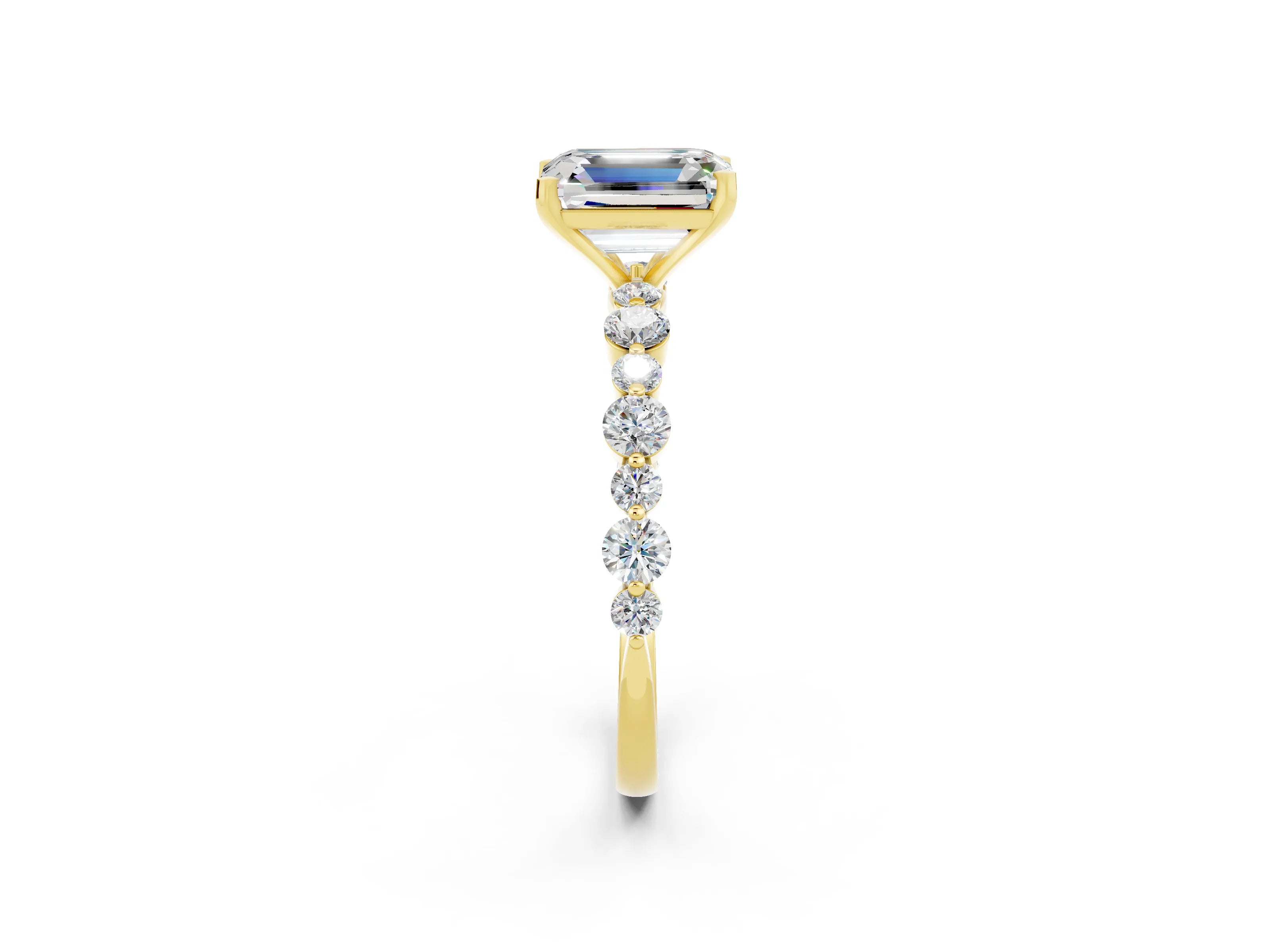 Yellow gold Emerald Cut Moissanite Prong Set Engagement Ring with Pavé Band_2