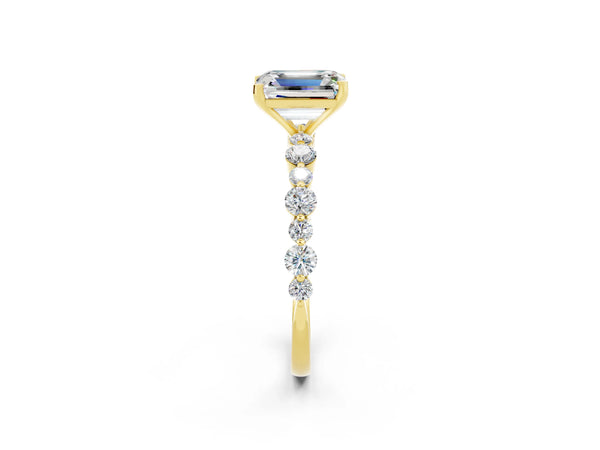 Yellow gold Emerald Cut Moissanite Prong Set Engagement Ring with Pavé Band