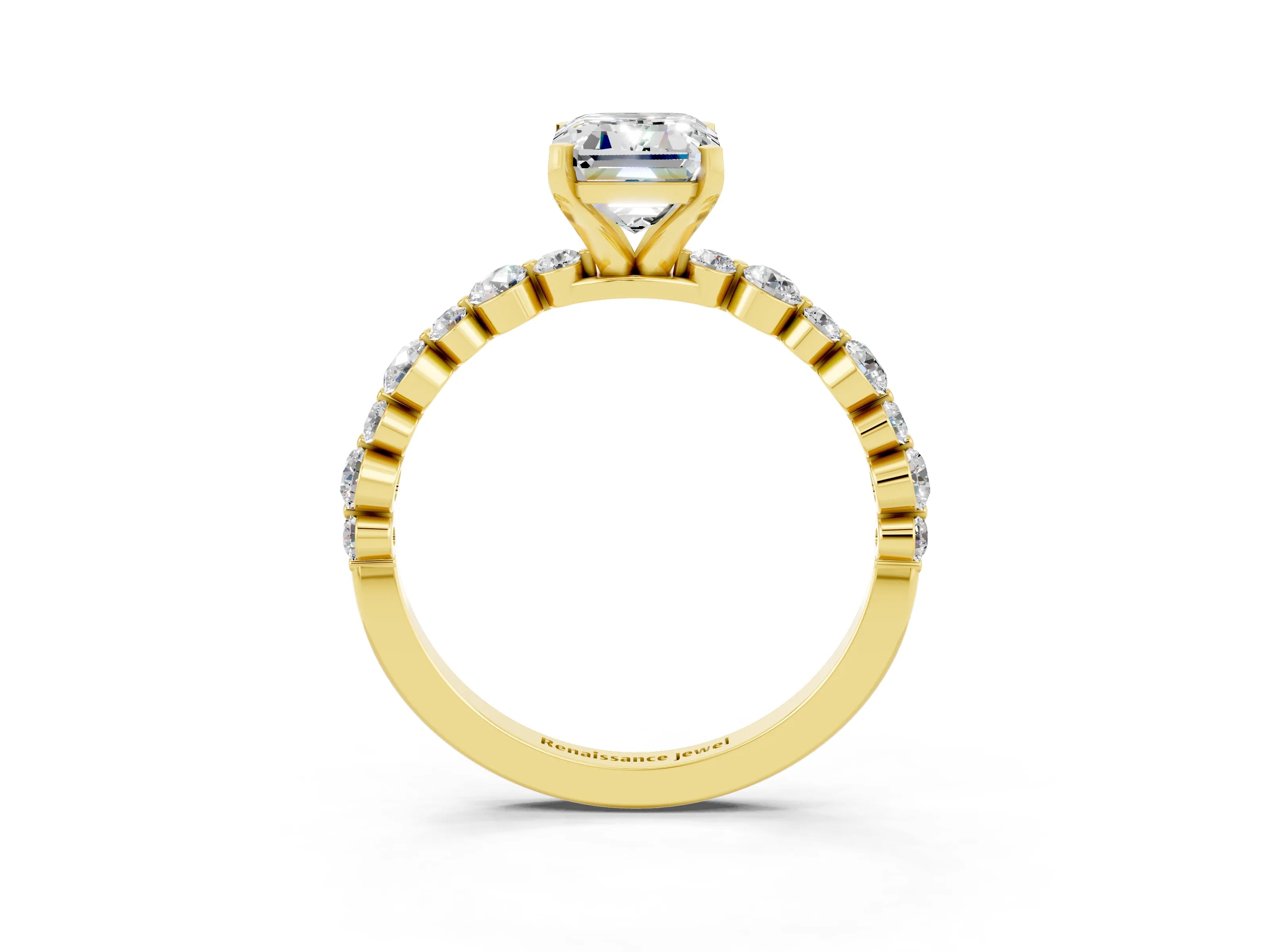 Yellow gold Emerald Cut Moissanite Prong Set Engagement Ring with Pavé Band_3