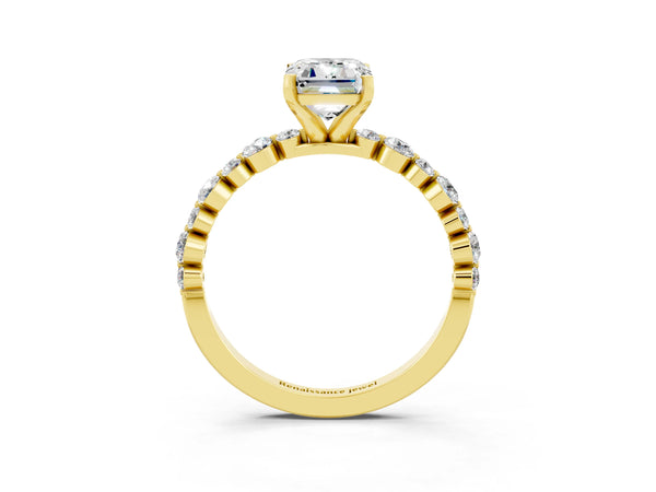 Yellow gold Emerald Cut Moissanite Prong Set Engagement Ring with Pavé Band