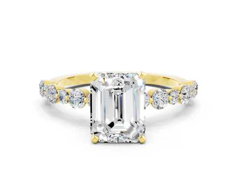 Yellow gold Emerald Cut Moissanite Prong Set Engagement Ring with Pavé Band