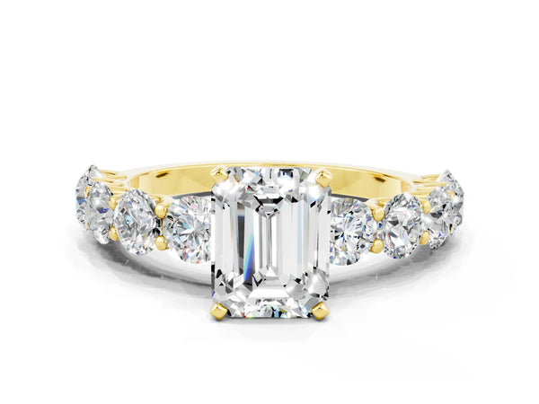 Yellow gold Emerald Cut Moissanite Prong Setting with Side Stones on a Pave Band