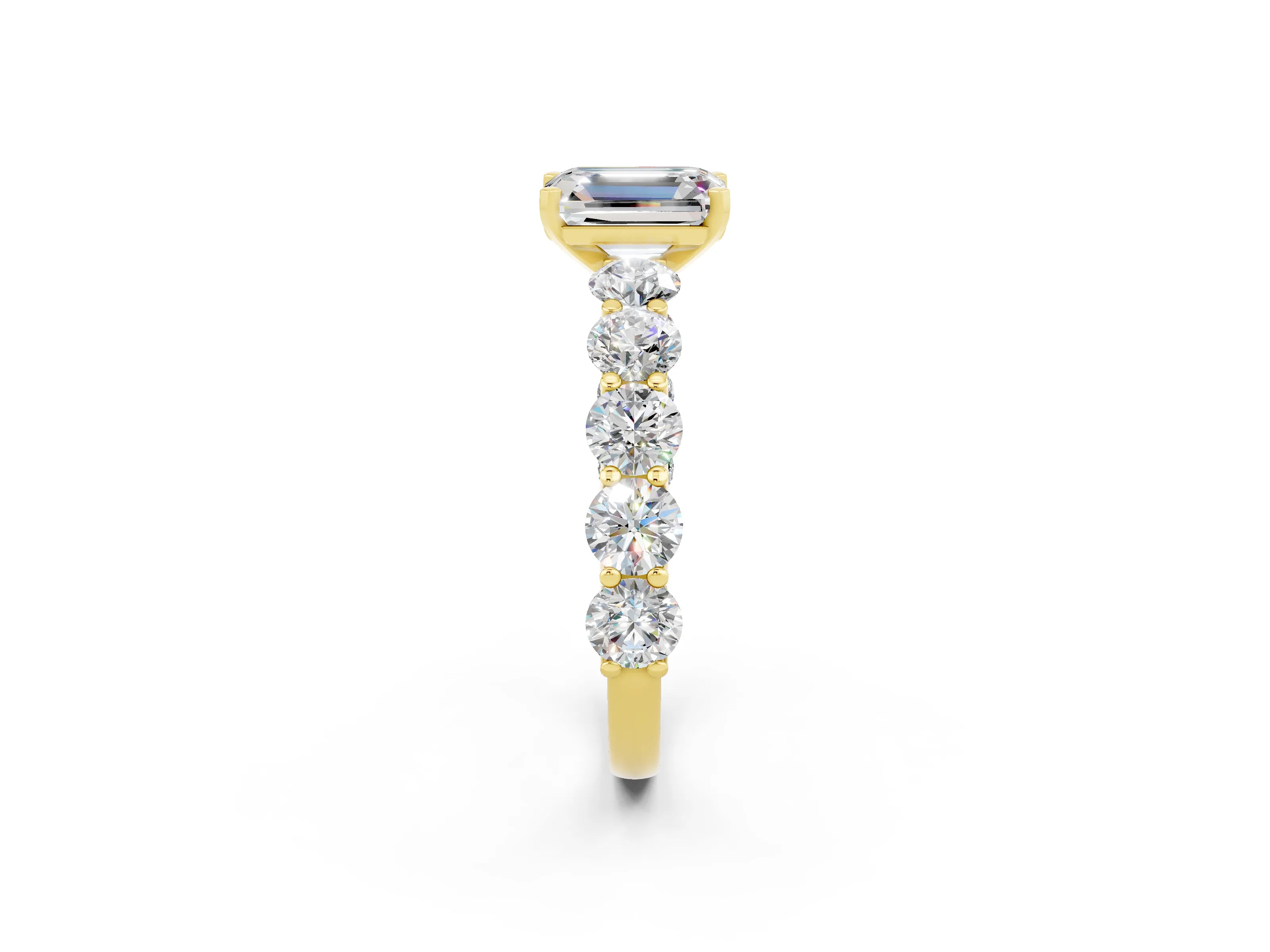 Yellow gold Emerald Cut Moissanite Prong Setting with Side Stones on a Pave Band_2