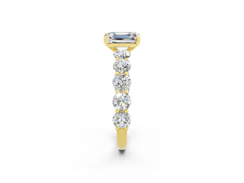 Yellow gold Emerald Cut Moissanite Prong Setting with Side Stones on a Pave Band_2