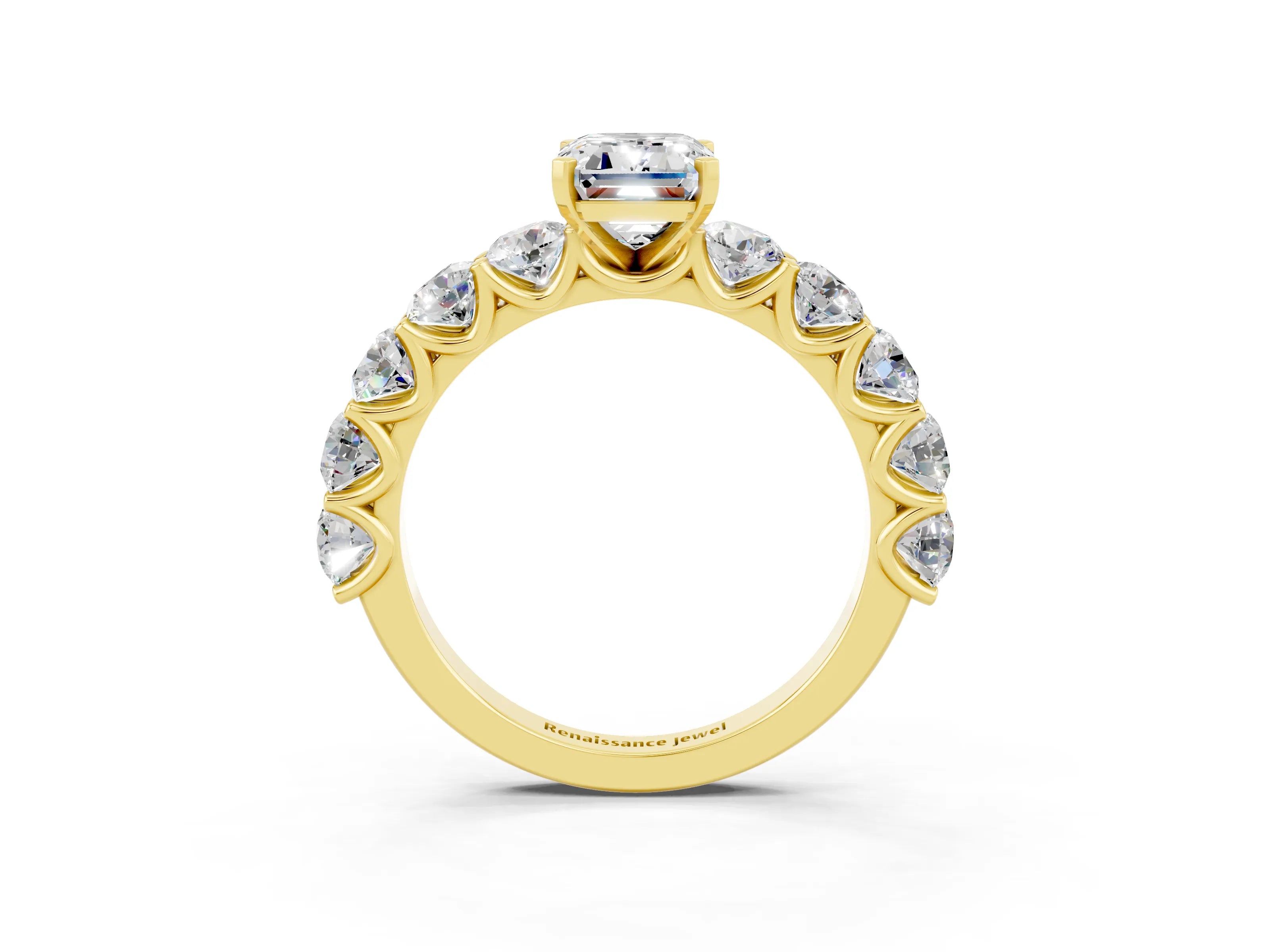 Yellow gold Emerald Cut Moissanite Prong Setting with Side Stones on a Pave Band_3
