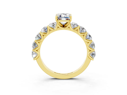 Yellow gold Emerald Cut Moissanite Prong Setting with Side Stones on a Pave Band_3