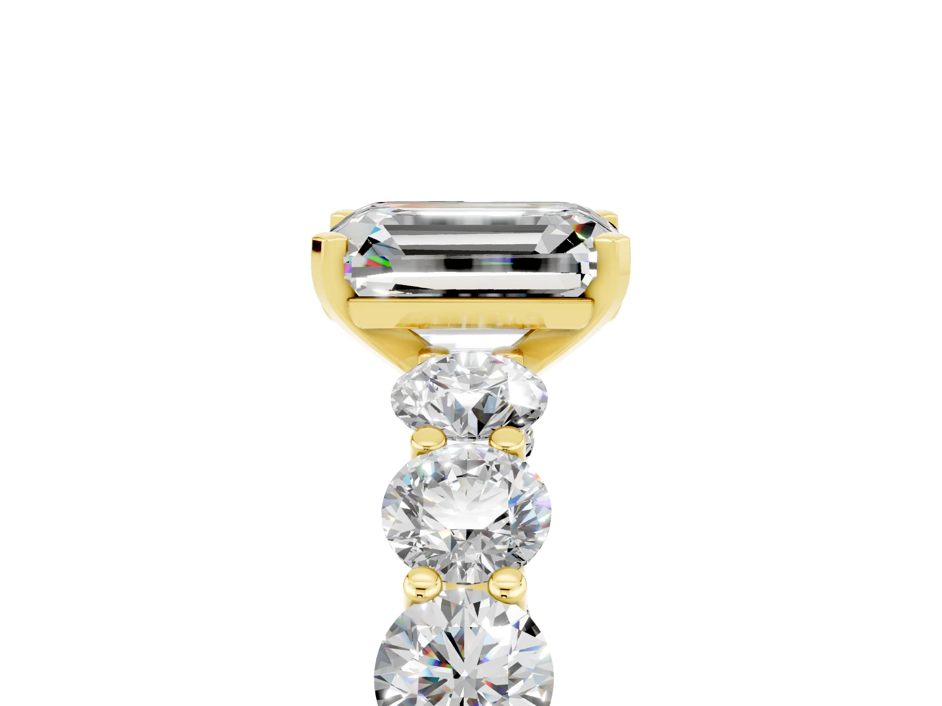 Yellow gold Emerald Cut Moissanite Prong Setting with Side Stones on a Pave Band_5