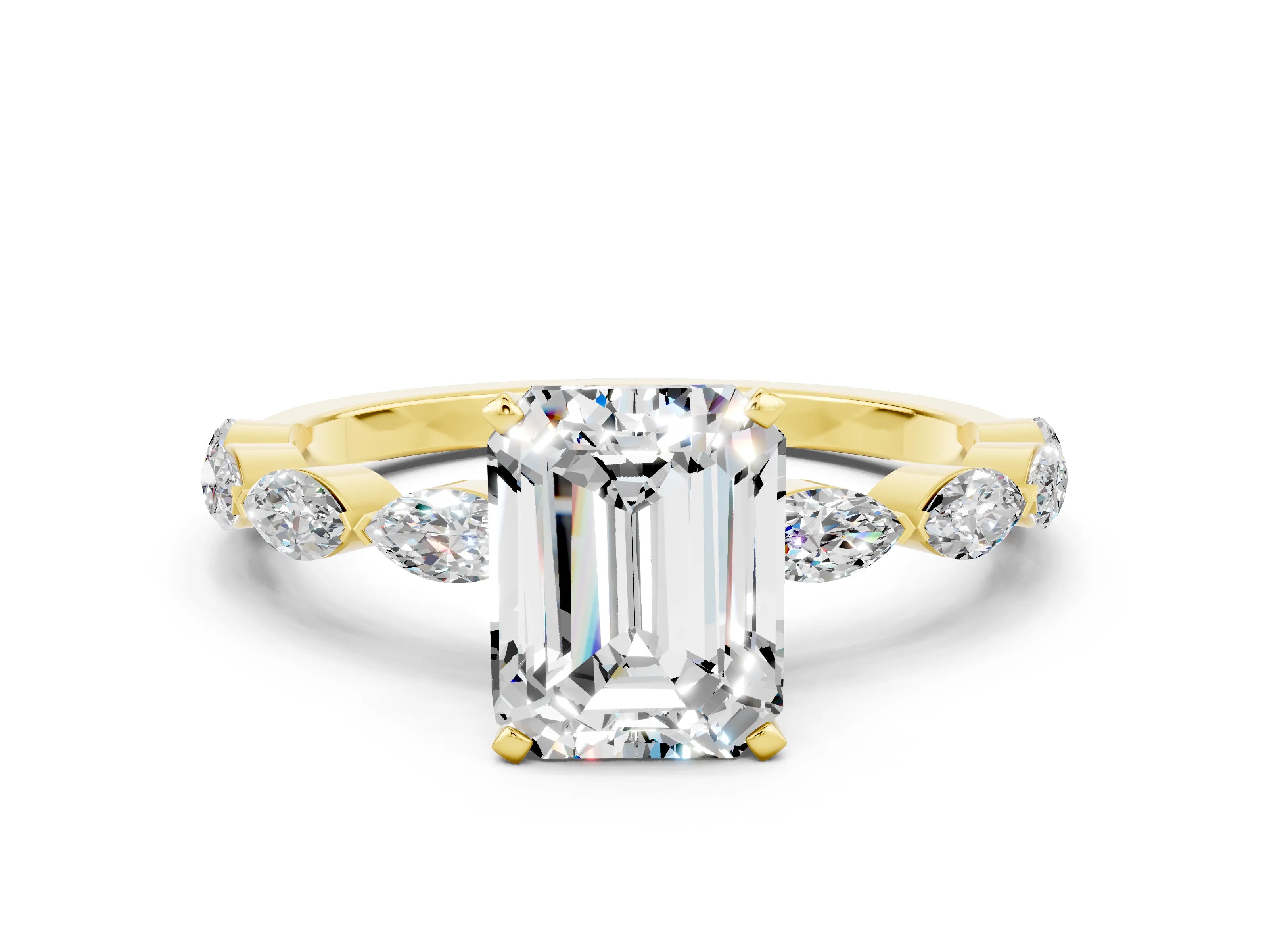 Yellow gold Emerald Cut Moissanite Ring with Marquise Side Stones and Prong Setting