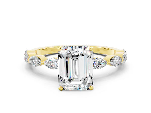 Yellow gold Emerald Cut Moissanite Ring with Marquise Side Stones and Prong Setting