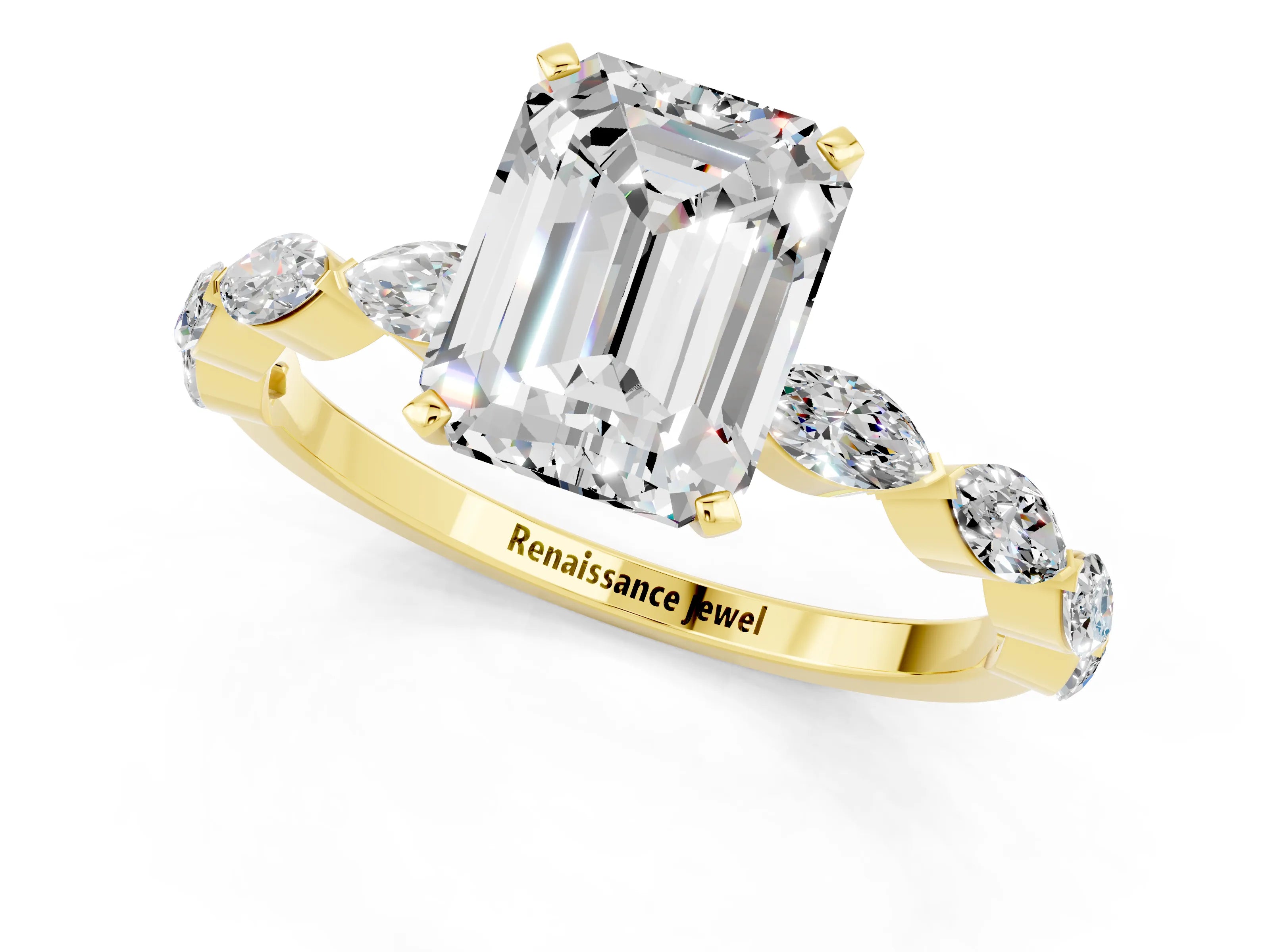 Yellow gold Emerald Cut Moissanite Ring with Marquise Side Stones and Prong Setting_1
