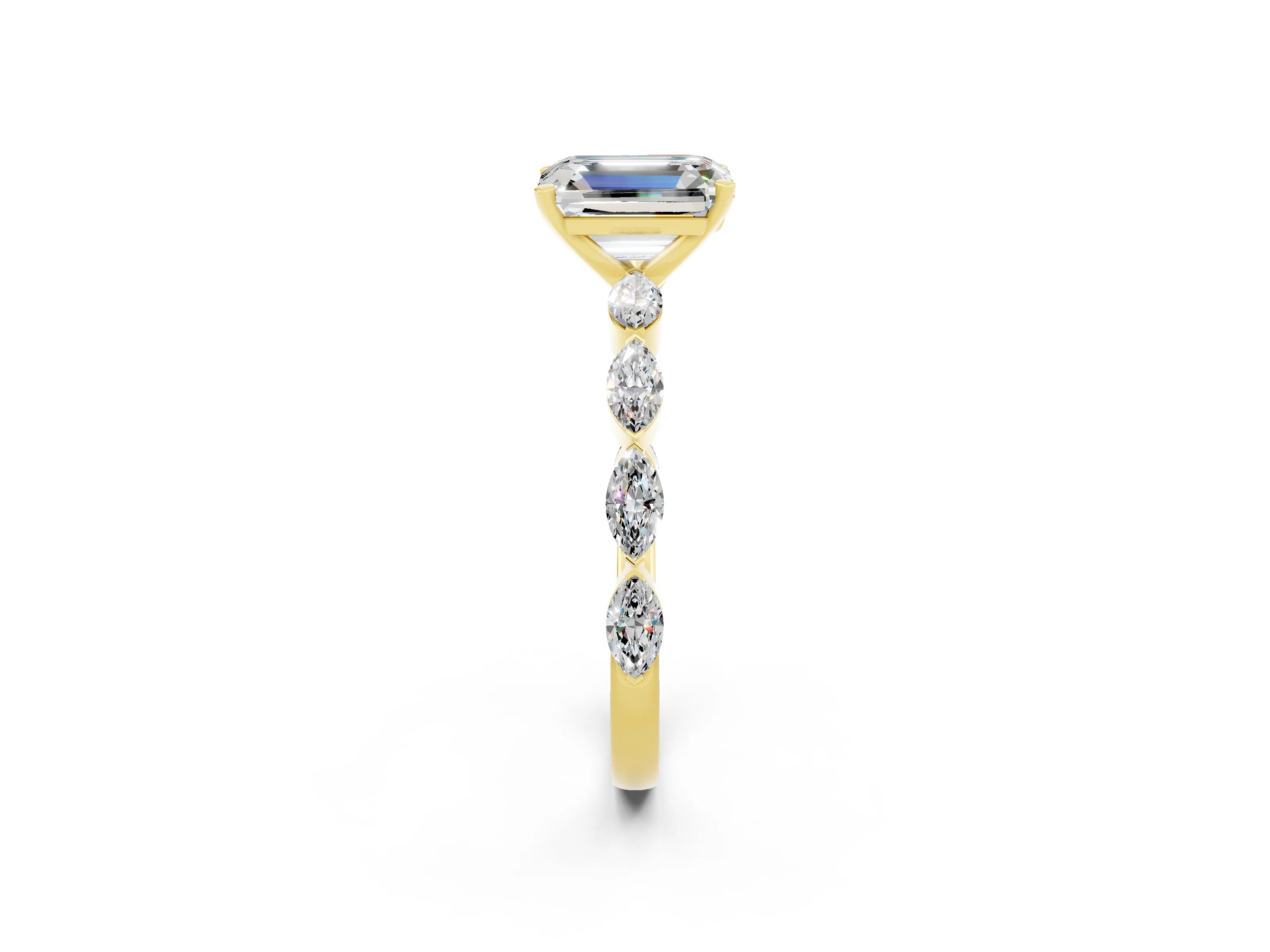 Yellow gold Emerald Cut Moissanite Ring with Marquise Side Stones and Prong Setting_2