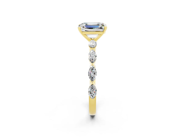 Yellow gold Emerald Cut Moissanite Ring with Marquise Side Stones and Prong Setting