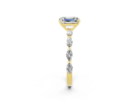 Yellow gold Emerald Cut Moissanite Ring with Marquise Side Stones and Prong Setting_2