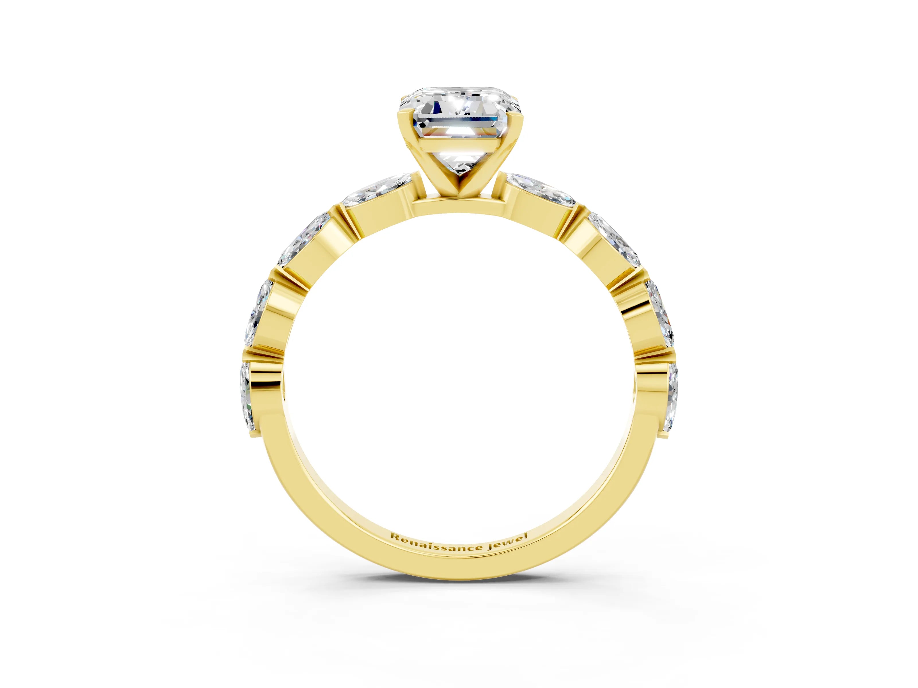Yellow gold Emerald Cut Moissanite Ring with Marquise Side Stones and Prong Setting_3