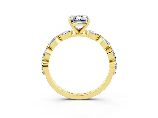 Yellow gold Emerald Cut Moissanite Ring with Marquise Side Stones and Prong Setting