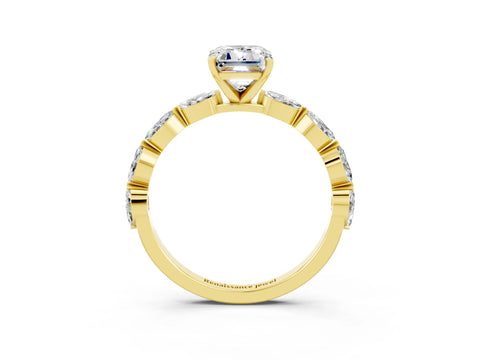 Yellow gold Emerald Cut Moissanite Ring with Marquise Side Stones and Prong Setting_3
