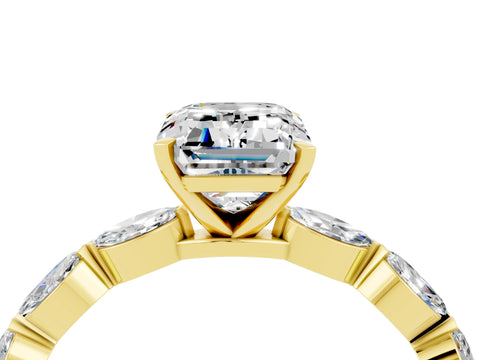 Yellow gold Emerald Cut Moissanite Ring with Marquise Side Stones and Prong Setting_4