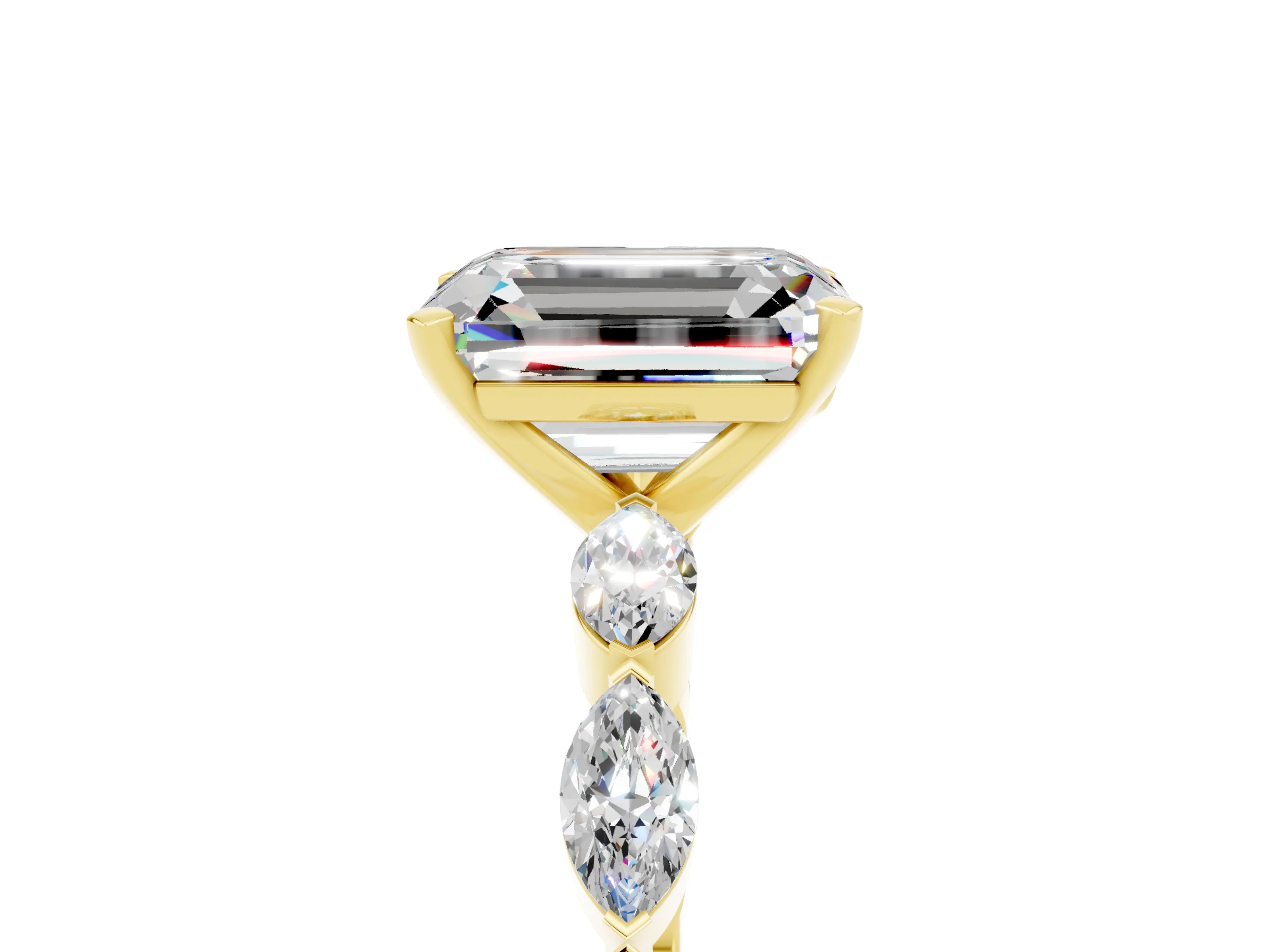 Yellow gold Emerald Cut Moissanite Ring with Marquise Side Stones and Prong Setting_5