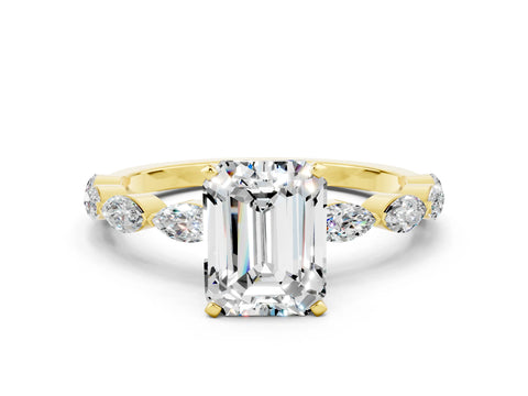Yellow gold Emerald Cut Moissanite Ring with Marquise Side Stones and Prong Setting