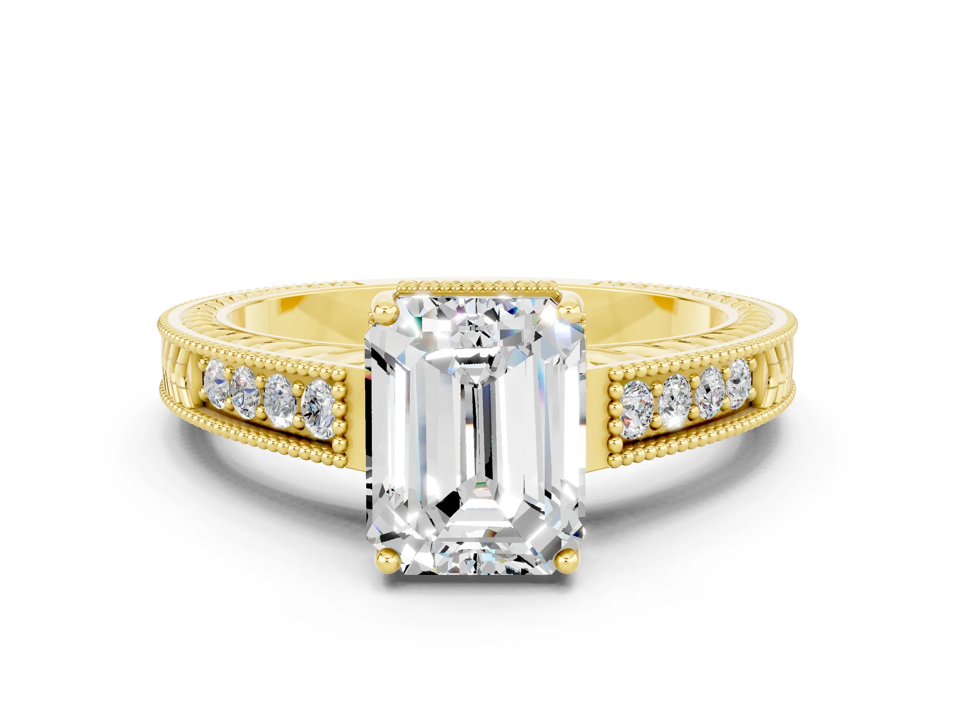 Yellow gold Emerald Cut Moissanite Ring with Milgrain Pavé Band and Four-Prong Setting_12