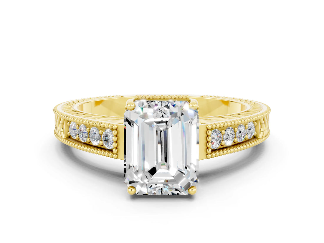 Yellow gold Emerald Cut Moissanite Ring with Milgrain Pavé Band and Four-Prong Setting_12