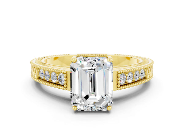 Yellow gold Emerald Cut Moissanite Ring with Milgrain Pavé Band and Four-Prong Setting