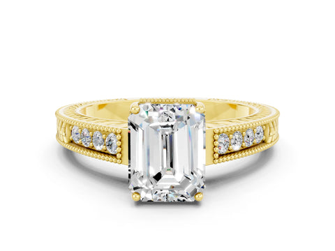 Yellow gold Emerald Cut Moissanite Ring with Milgrain Pavé Band and Four-Prong Setting_12