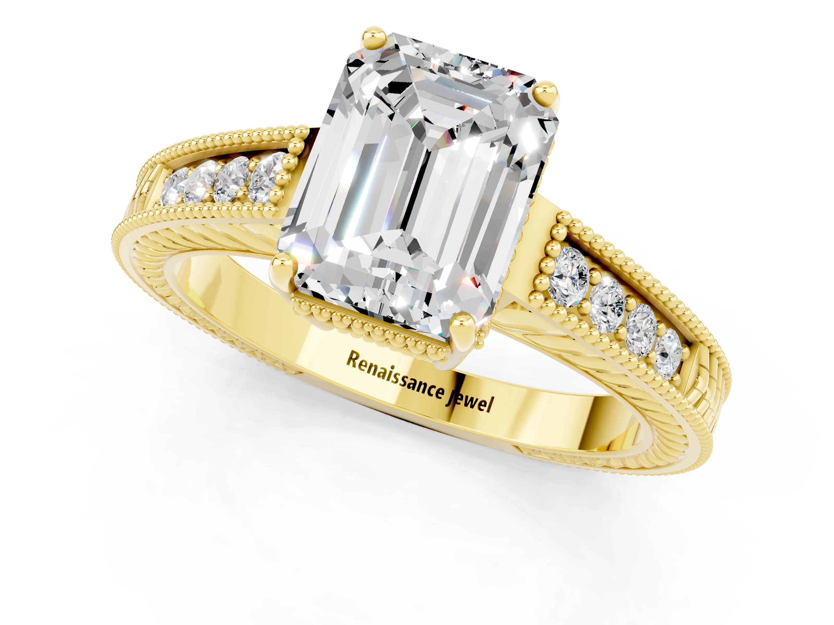 Yellow gold Emerald Cut Moissanite Ring with Milgrain Pavé Band and Four-Prong Setting_13