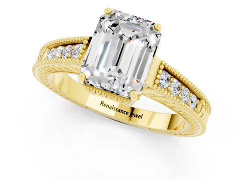 Yellow gold Emerald Cut Moissanite Ring with Milgrain Pavé Band and Four-Prong Setting_13