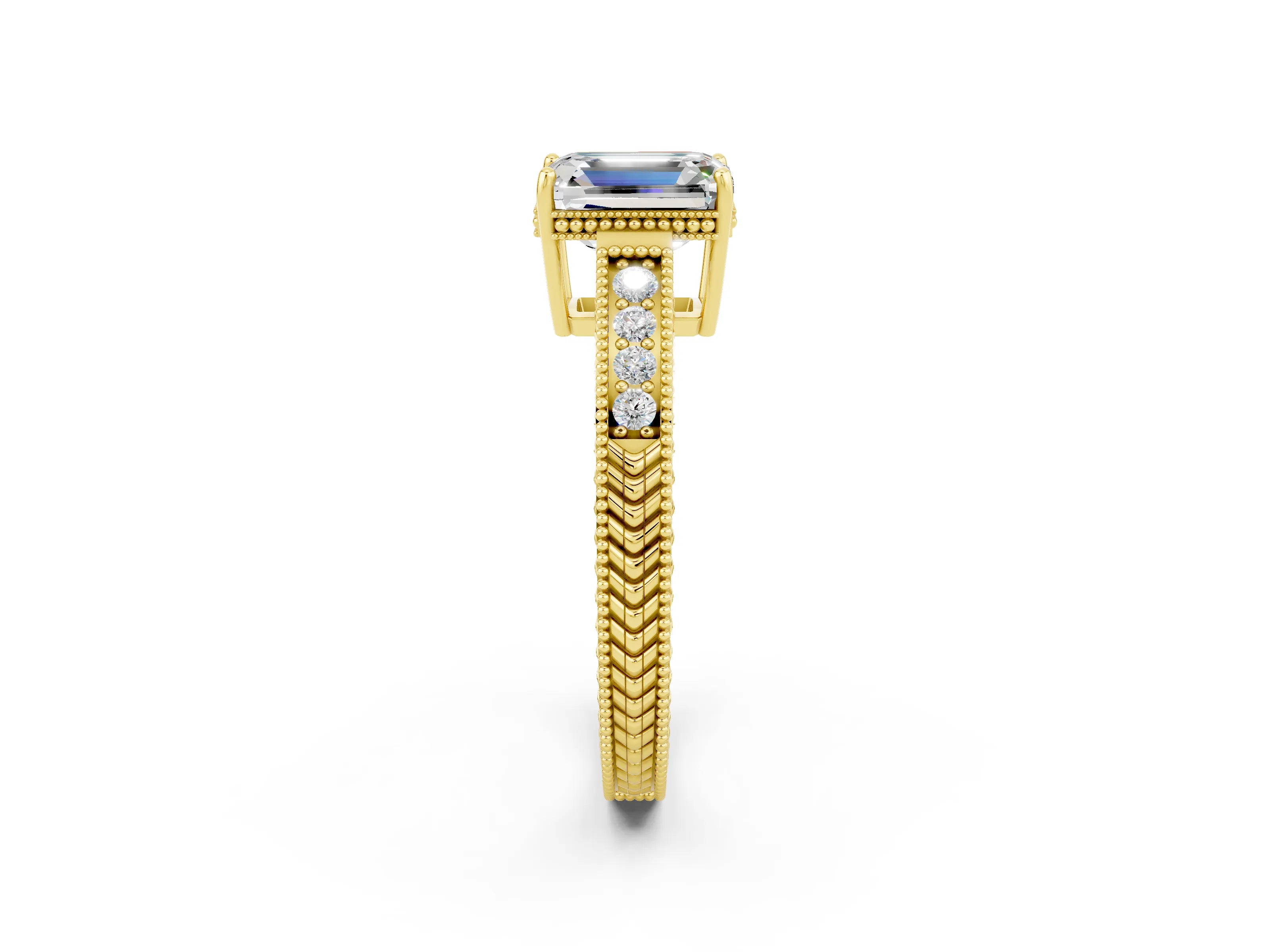 Yellow gold Emerald Cut Moissanite Ring with Milgrain Pavé Band and Four-Prong Setting_14