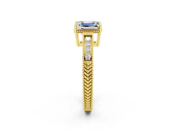 Yellow gold Emerald Cut Moissanite Ring with Milgrain Pavé Band and Four-Prong Setting