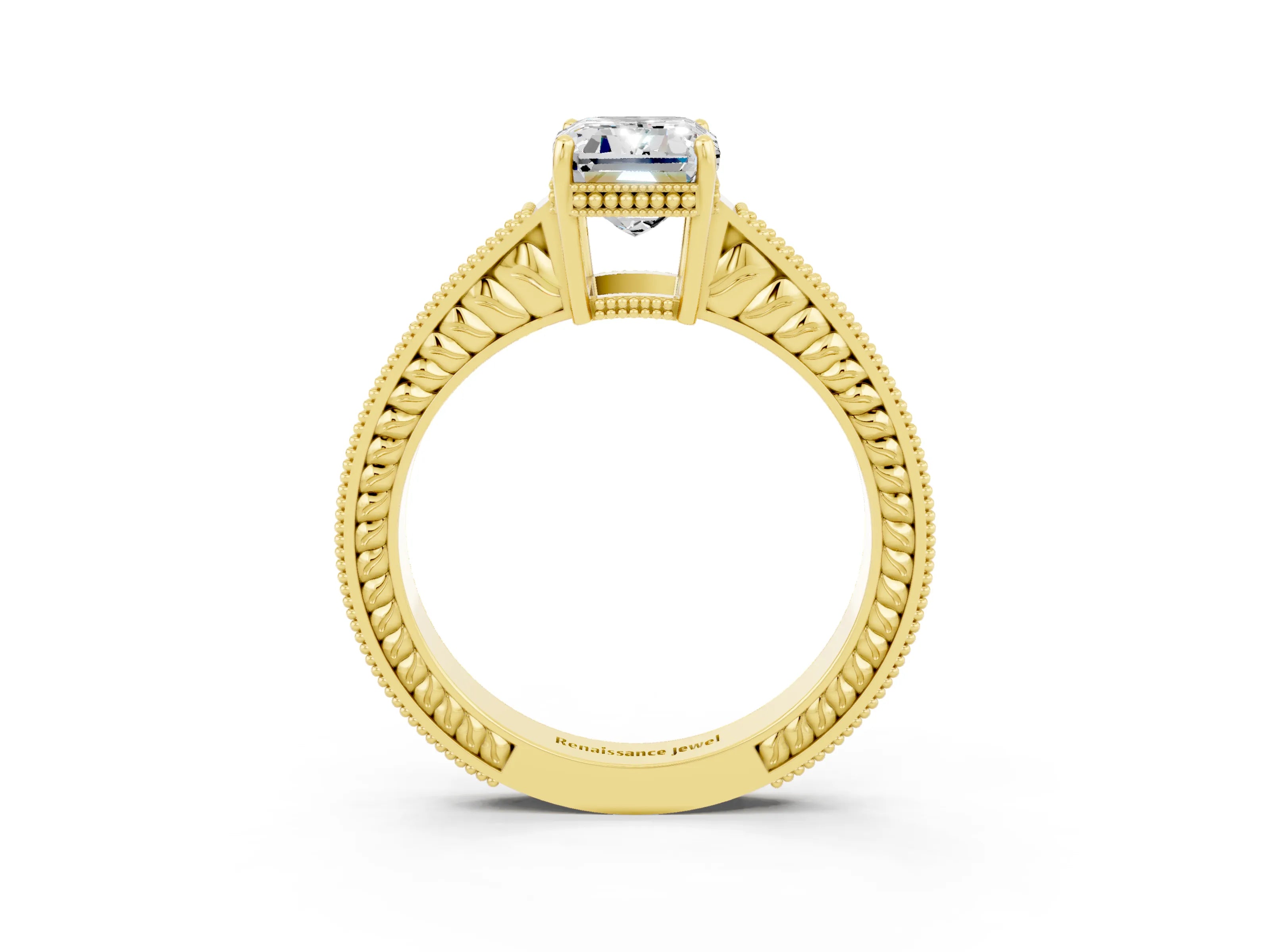 Yellow gold Emerald Cut Moissanite Ring with Milgrain Pavé Band and Four-Prong Setting_15