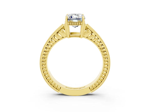 Yellow gold Emerald Cut Moissanite Ring with Milgrain Pavé Band and Four-Prong Setting_15