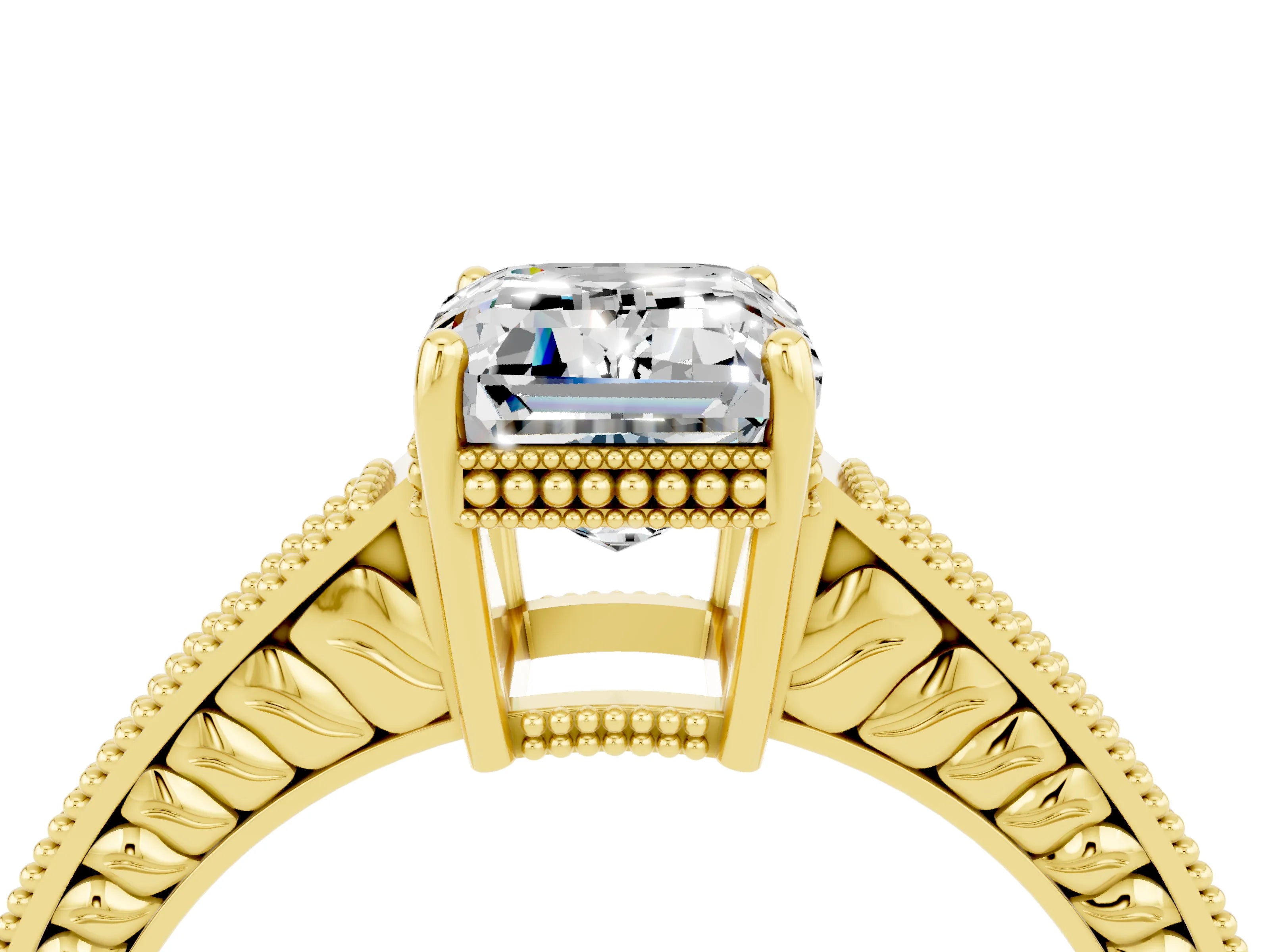 Yellow gold Emerald Cut Moissanite Ring with Milgrain Pavé Band and Four-Prong Setting_16