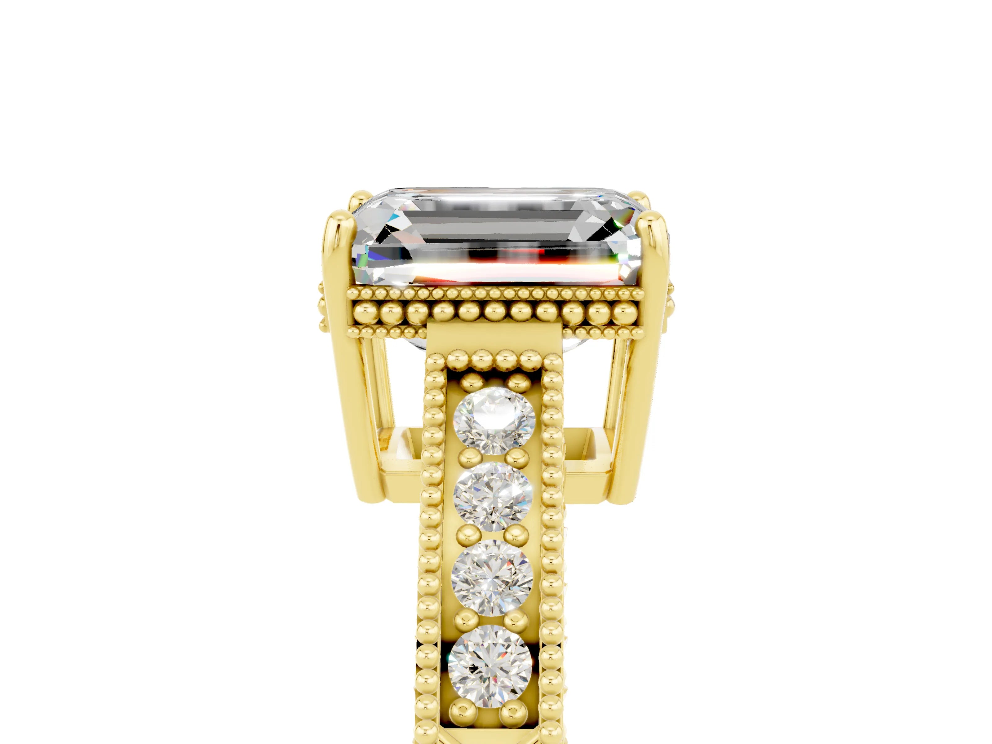 Yellow gold Emerald Cut Moissanite Ring with Milgrain Pavé Band and Four-Prong Setting_17