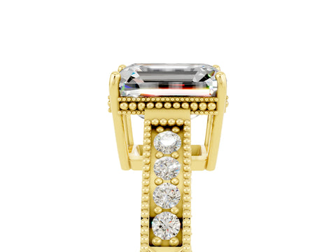 Yellow gold Emerald Cut Moissanite Ring with Milgrain Pavé Band and Four-Prong Setting_17