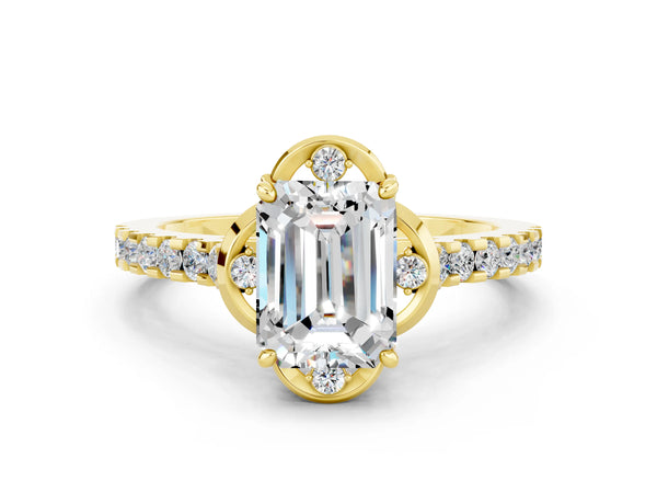 Yellow gold Emerald Cut Moissanite Ring with Pavé Band and Floral Prong Setting