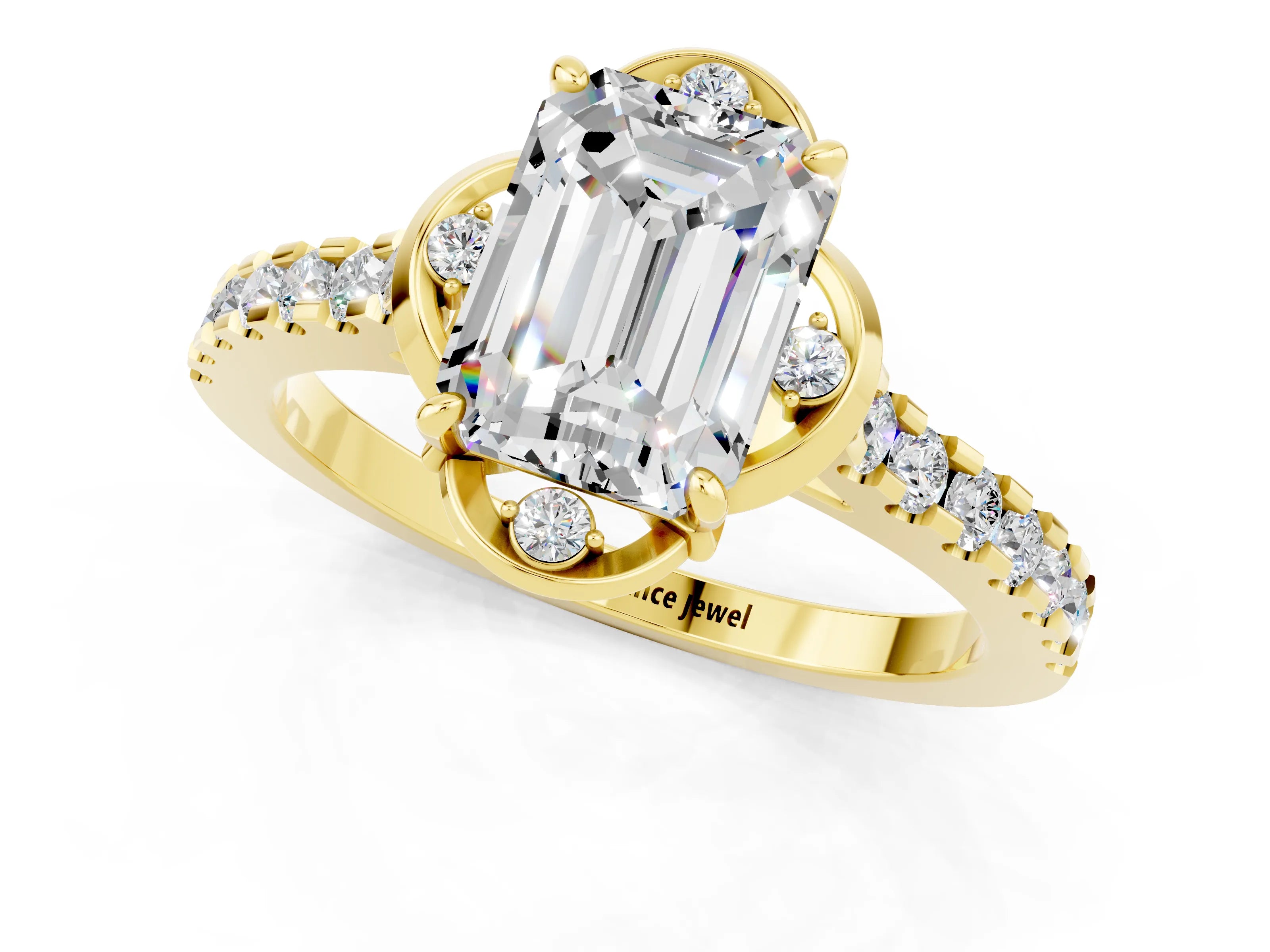 Yellow gold Emerald Cut Moissanite Ring with Pavé Band and Floral Prong Setting_1
