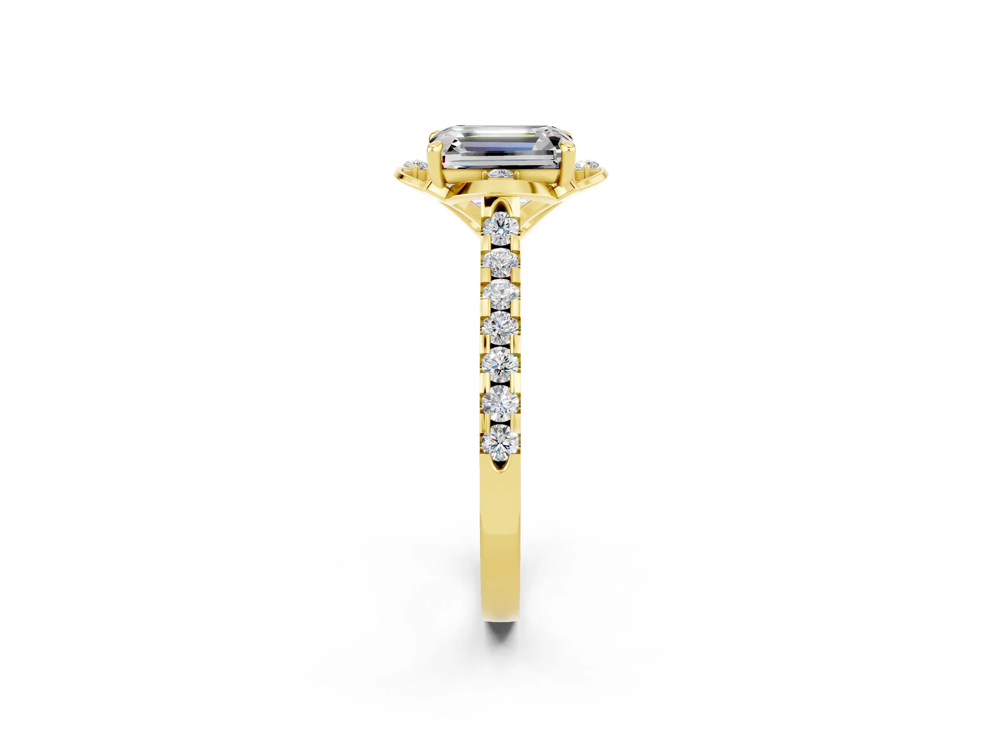 Yellow gold Emerald Cut Moissanite Ring with Pavé Band and Floral Prong Setting_2