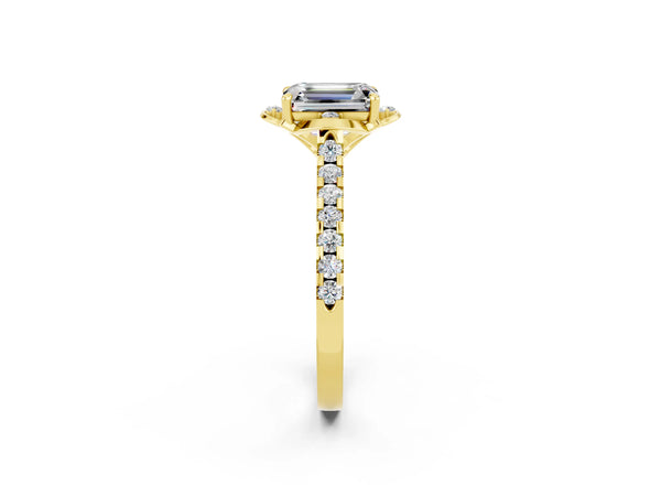 Yellow gold Emerald Cut Moissanite Ring with Pavé Band and Floral Prong Setting