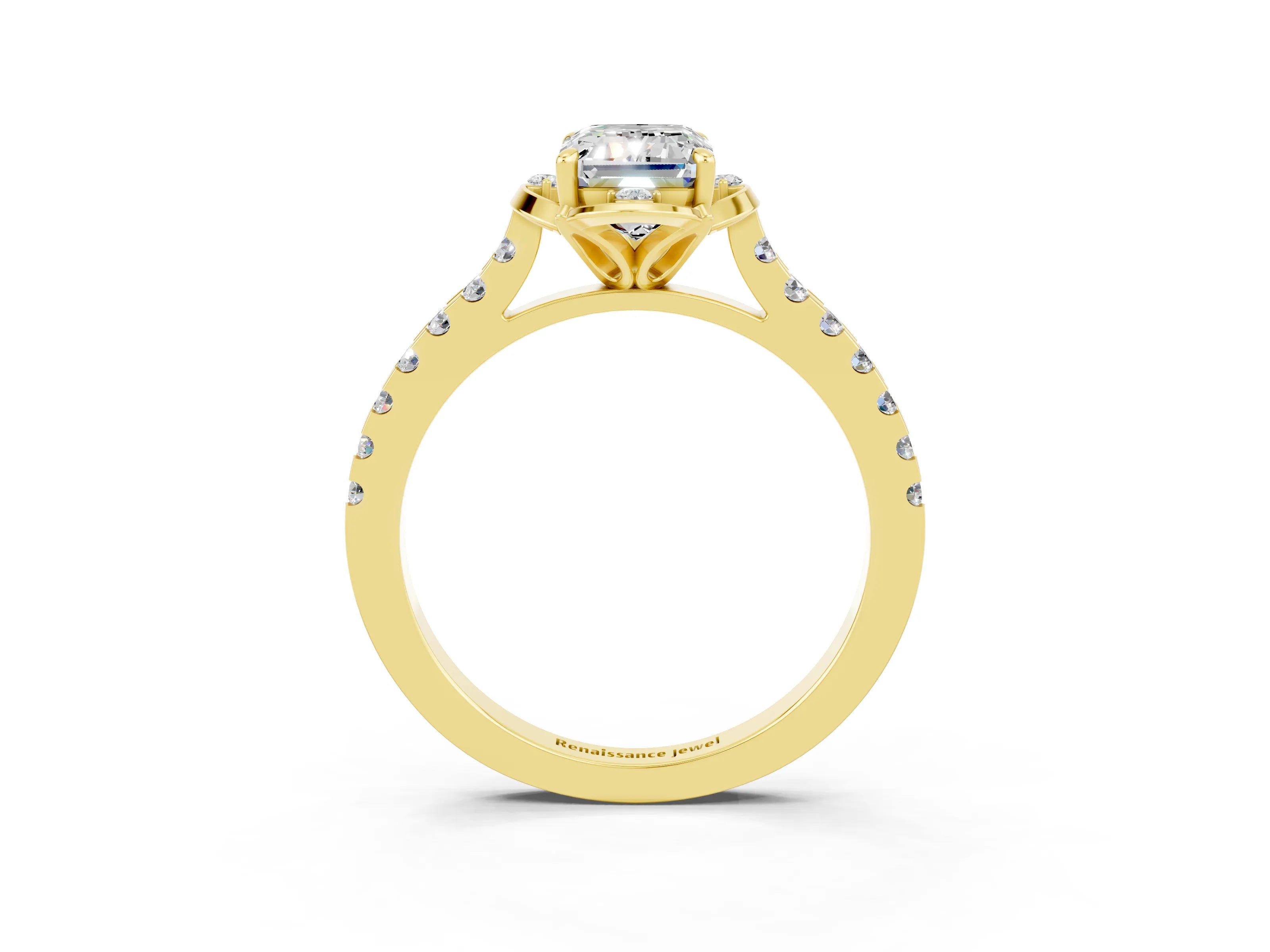 Yellow gold Emerald Cut Moissanite Ring with Pavé Band and Floral Prong Setting_3