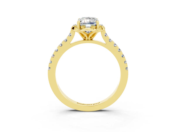 Yellow gold Emerald Cut Moissanite Ring with Pavé Band and Floral Prong Setting
