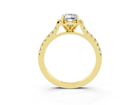 Yellow gold Emerald Cut Moissanite Ring with Pavé Band and Floral Prong Setting_3