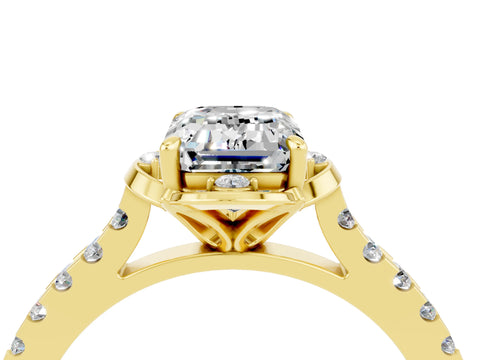 Yellow gold Emerald Cut Moissanite Ring with Pavé Band and Floral Prong Setting_4
