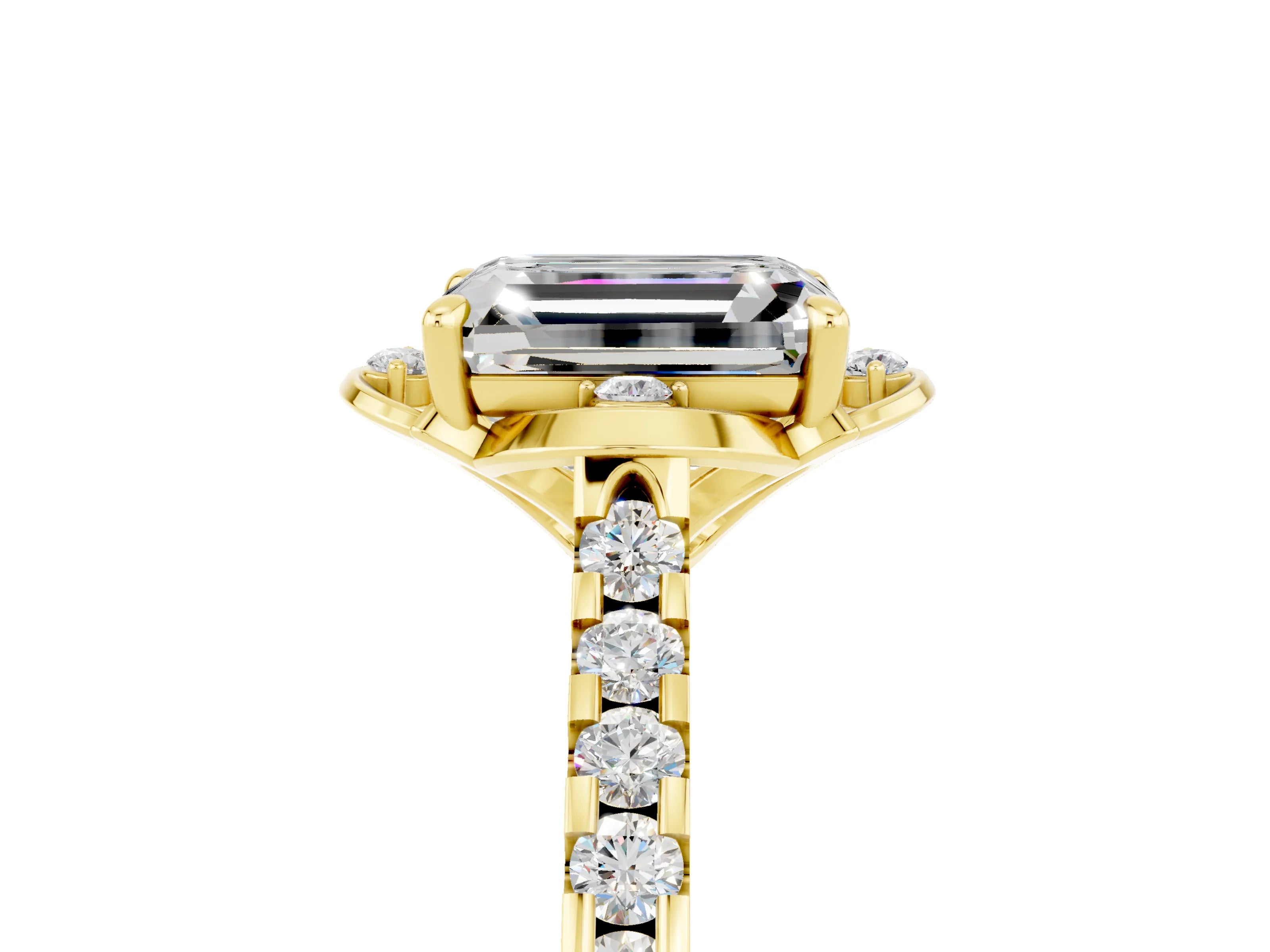 Yellow gold Emerald Cut Moissanite Ring with Pavé Band and Floral Prong Setting_5