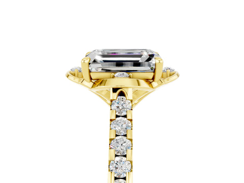 Yellow gold Emerald Cut Moissanite Ring with Pavé Band and Floral Prong Setting_5