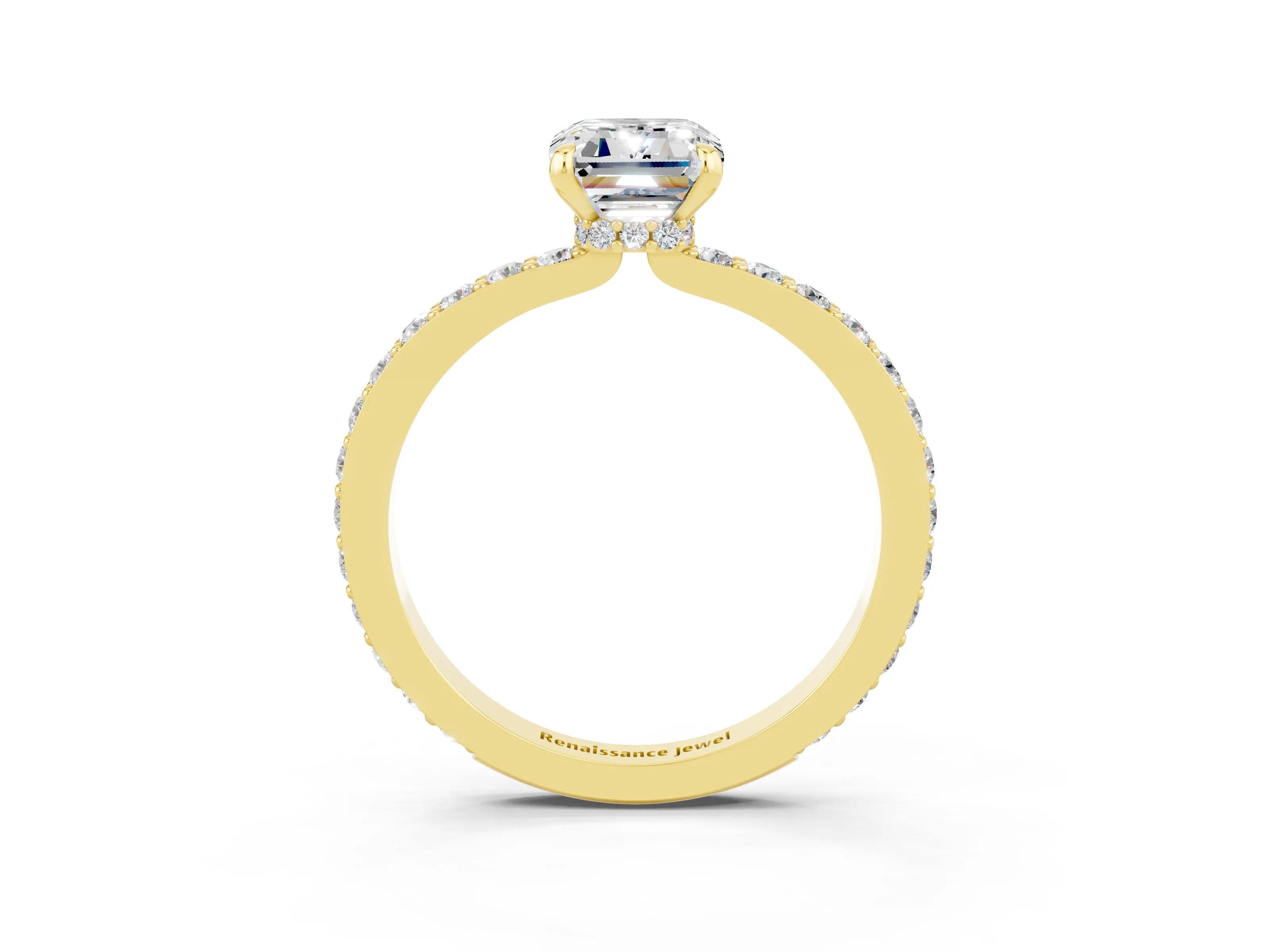 Yellow gold Emerald Cut Moissanite Ring with Pavé Band and Four-Prong Setting_3
